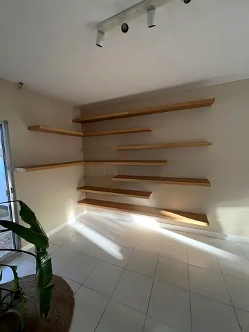 Custom Built-In MDF Wall Niche Shelving with Solid Wood Floating Shelves and