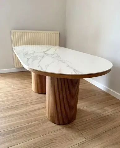 Custom Made Oval Dining Table with Glossy Ceramic Top and Fluted Base