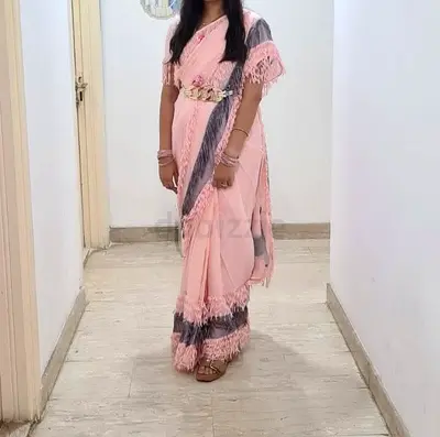 Pink Saree with Fringes and Stiched blouse