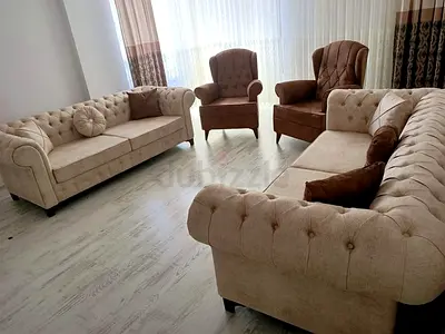 Luxury Chesterfield Sofa Set in Cream and Earthy Brown