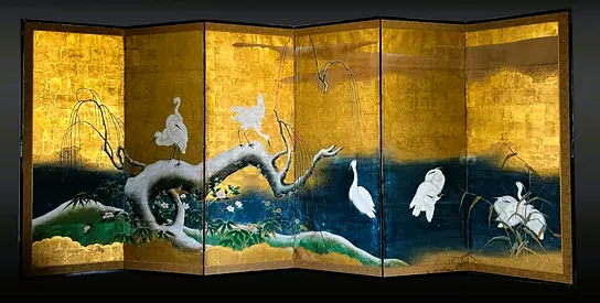 Japanese Gold Leaf Six-Panel Folding Screen (Byōbu) – Herons, 19th Century