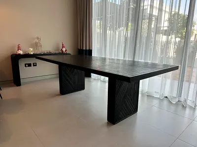 Exclusive contemporary solid Dunewood dining table by Crate  Barrel