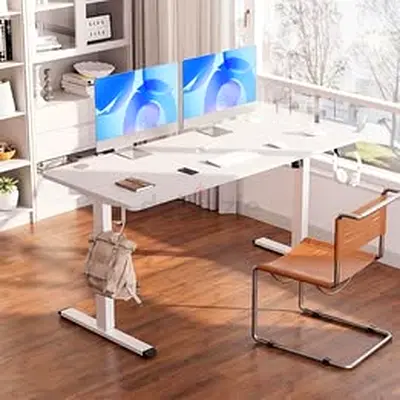 Modern White Study Table with Dual Monitor Setup 140*70cm