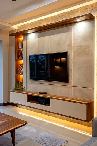 Modern Floating Media Console  Stone Feature Wall