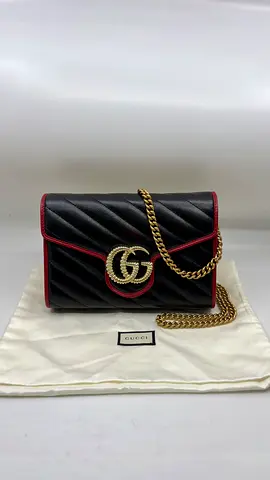 Gucci Black/Red Diagonal Quilt Leather GG Marmont Torchon Wallet on Chain
