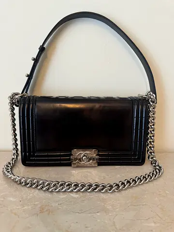 Authentic Chanel Reverso Boy Medium Black Leather Shoulder Bag