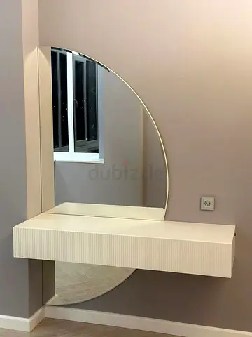 Modern Floating Entryway Console with Round Mirror and Slatted Wall Panel