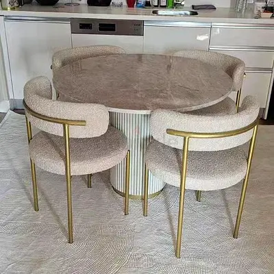 Contemporary round marble/ travertine  Table with Cylindrical Fluted wood Base