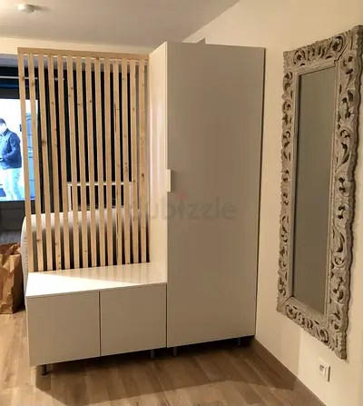 Minimalist Floating Cabinet with Wood Finish and Vertical Slat Backdrop