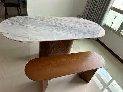 Contemporary Black marble Table with Cylindrical Fluted Base