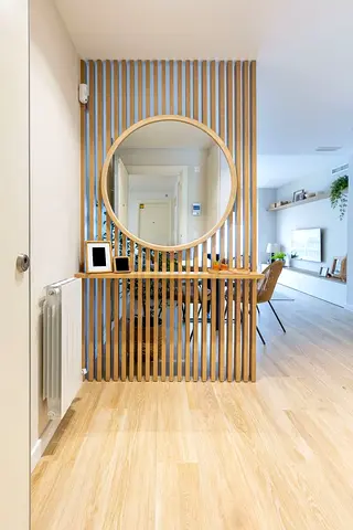 Contemporary Hallway Vanity Unit with Circular Mirror and Fluted Feature Panel