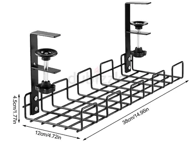 Under Desk Cable Management Tray, No-Drill Metal Cable Management, 38cm Metal Cord Organizer, Black