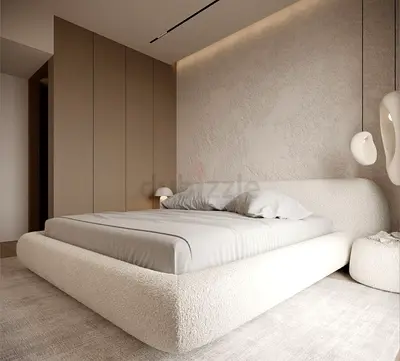 Modern Minimalist Cloud‑Soft Platform Bed with Textured White Upholstery  Elegant Bouclé Frame