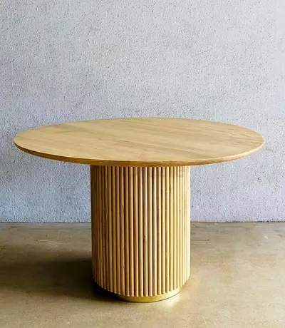 Luxury Round Hallway table with Vertical Slat Base Design wood panels