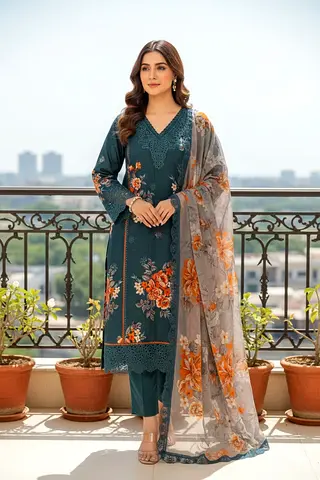 Beautiful Floral Dress with Dupatta unstitched Pakistani 3 pcs dress
