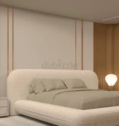 Modern Minimalist Cloud‑Soft Platform Bed with Textured White Upholstery  Elegant Bouclé Frame