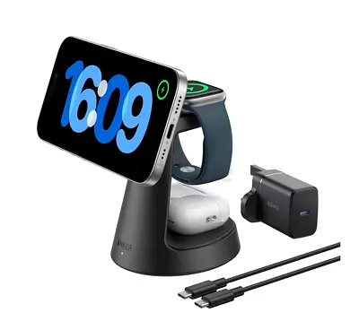 Anker MagGo Magnetic Wireless Charger (Dock Stand), 3-in-1 Qi2 Certified 15W MagSafe Compatible Wire