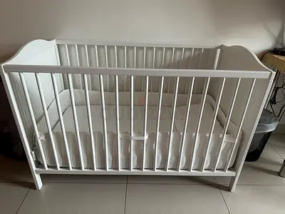 White Wooden Crib with Mattress