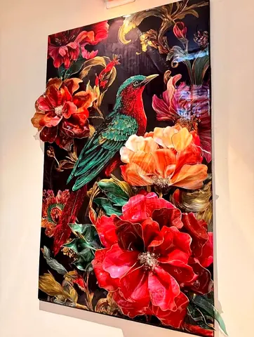 Stunning 3D Floral  Bird Resin Art - Vibrant Wall Decor