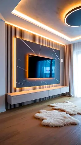 Marble  Slat Floating Media Wall
