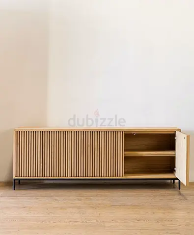 Monolith Curve Floating TV Unit with Vertical Groove Design with wood penels