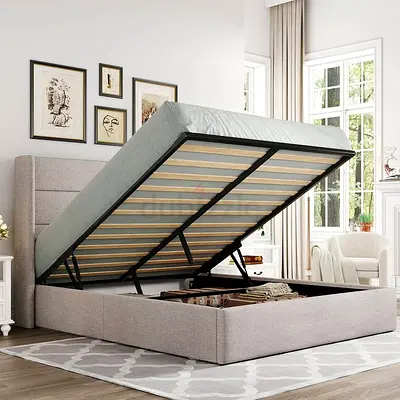 Biege Linen gas lift storage queen bed