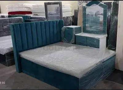 Stylish Blue Velvet Bed with Nightstand  side table and Mirror dressing table 180/200 bed set