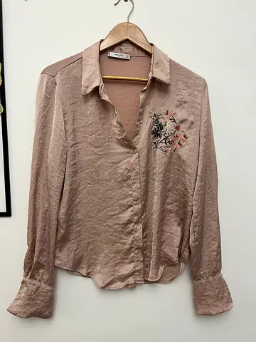 Mango Elegant Pink Embroidered Shirt