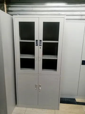 Sturdy Grey Storage Cabinet with Glass Doors