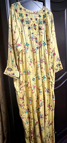 Embroidered Yellow Kaftan Jalabiya Mukhawar