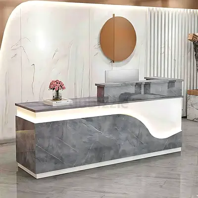 Luxury Marble-Finish Curved LED Reception Desk
