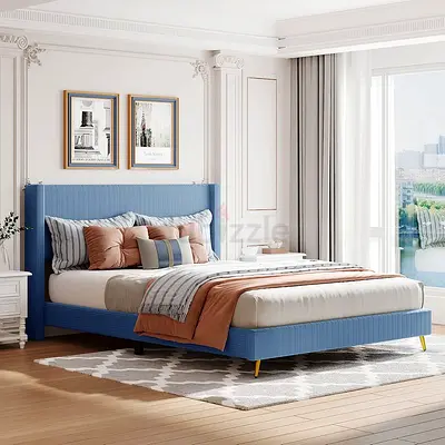 Blue corduroy fabric king platform bed