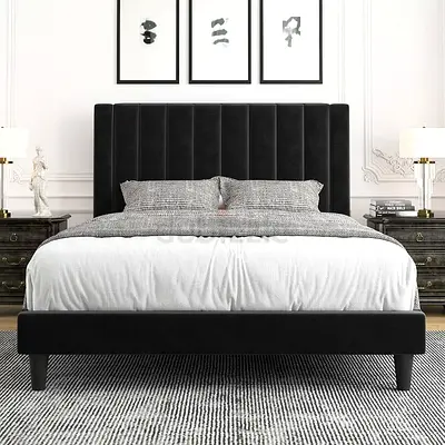 Vertical chennal headboard black velvet double platform bed