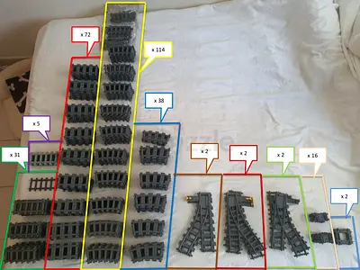 LEGO train tracks including straight, curved, flexible, and switch tracks