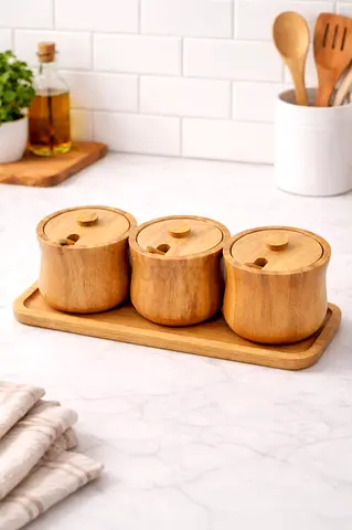 3 Piece Wooden Spice Jar Set with Tray  Spoons – Kitchen Storage Containers with Lids