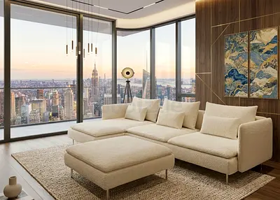 Modern Luxury Look This elegant L-shaped sofa features a soft beige fabric with deep cushions for ma