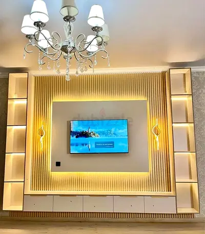 Elegant Modern TV Wall Unit with Slatted Wood Paneling