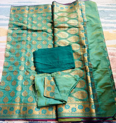 Stunning Seafoam Green Art Silk Saree with gold zari work – Full Set with Stitched Blouse