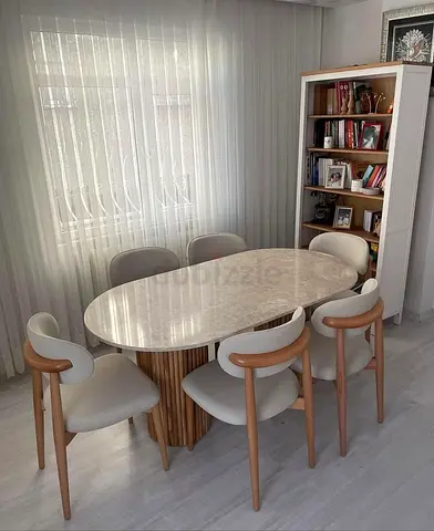 Architectural Solid marble Dining Table with Ribbed Column Supports