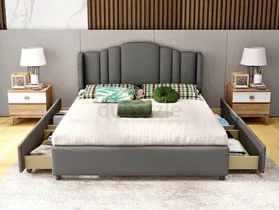 Stylish Grey Upholstered Bed with Storage Drawers