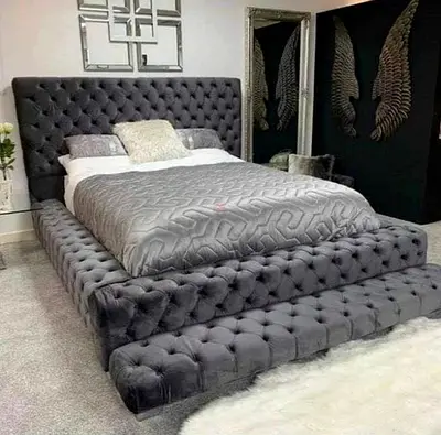 Stylish Grey Velvet Fabric Brand New Bed Frames with Tufted Design