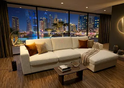 Modern Cream L-Shape Sofa Elegant cream color L-shape sofa with soft textured fabric. Deep comforta