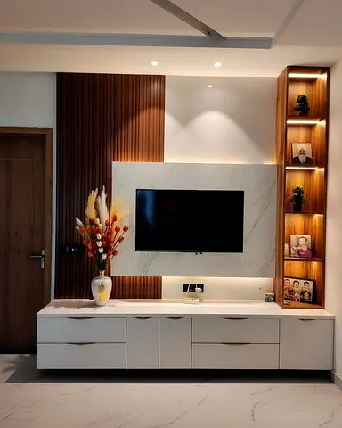 Modern Marble  Slatted Wood Media Console