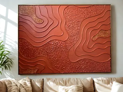 Luxury Handmade 3D Textured Wall Art – Terracotta  Gold – 120 x 90 cm – Floating Frame
