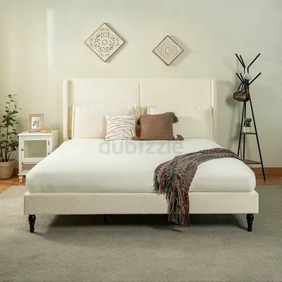 White boucle king platform bed