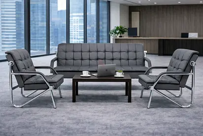 Executive Grey PU Leather Office Sofa Set (3+1+1) – 5 Seater Modern Reception Sofa with Metal Frame