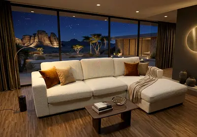 Contemporary L-Shape Lounge Sofa Soft boucle fabric finish with cozy seating design. Strong wooden b