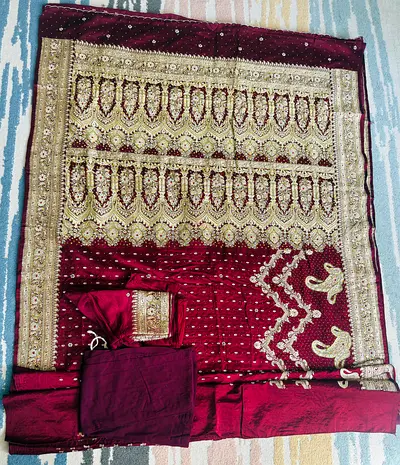 Authentic Pure Katan Silk Maroon Saree – Heavy Hand-Embroidered Bridal Set