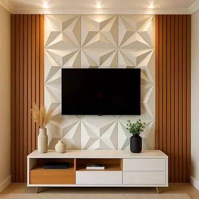 Modern Entertainment Center with Geometric Wall Design