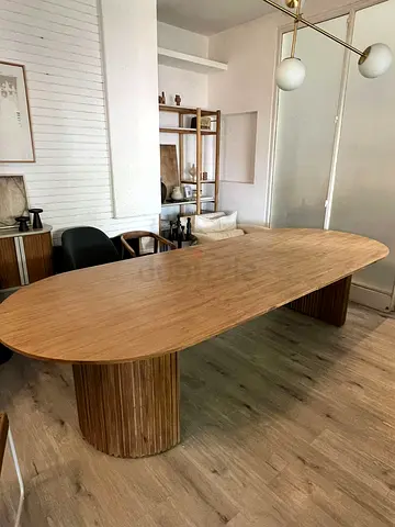 Contemporary Oval Dining Table with Twin Slatted Pedestal Design